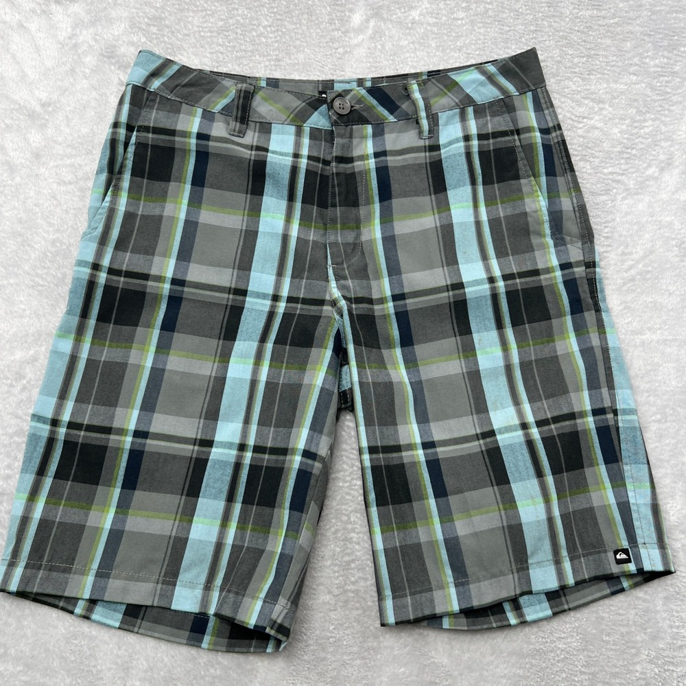 Quiksilver Plaid Walking Shorts Size 33 Grey Blue Mens Summer Surf Casual